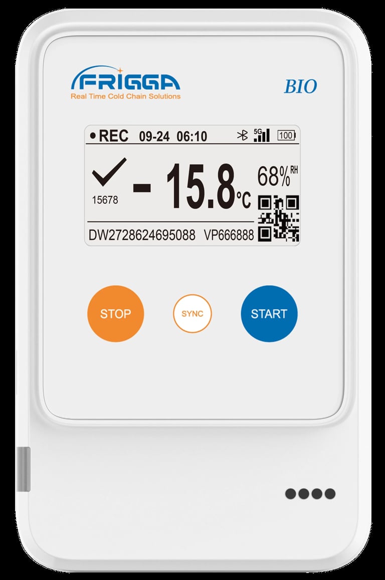 FRIGGA BIO temperature monitoring device displaying 15.8°C, 68% humidity, with STOP, SYNC, and START buttons