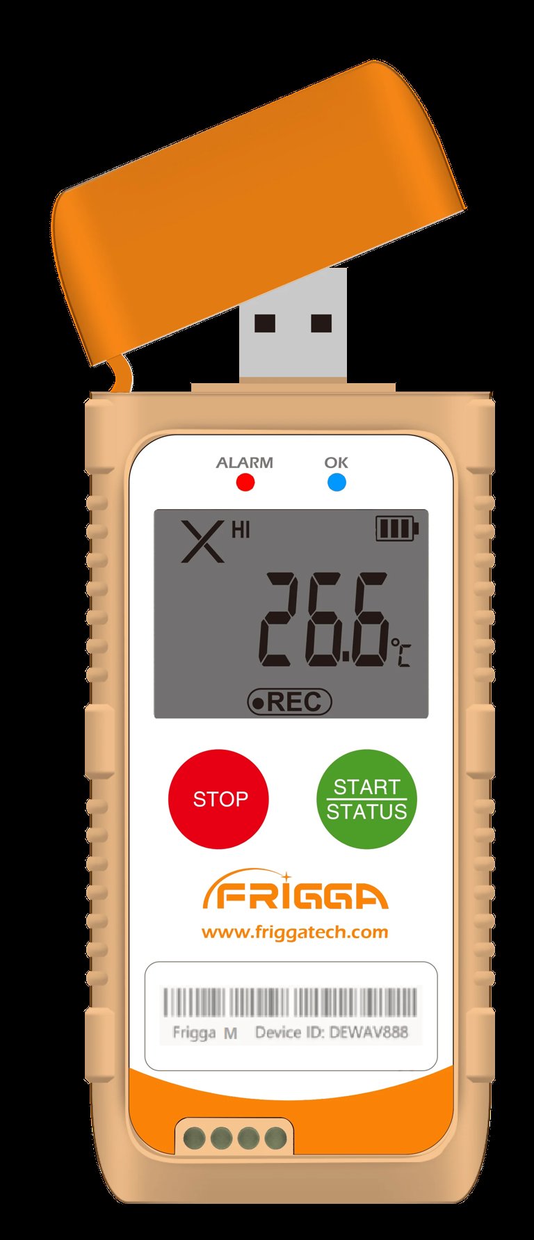 Frigga digital thermometer with orange cover showing 26.6 degrees Celsius, alarm and status buttons, displayed on a black background