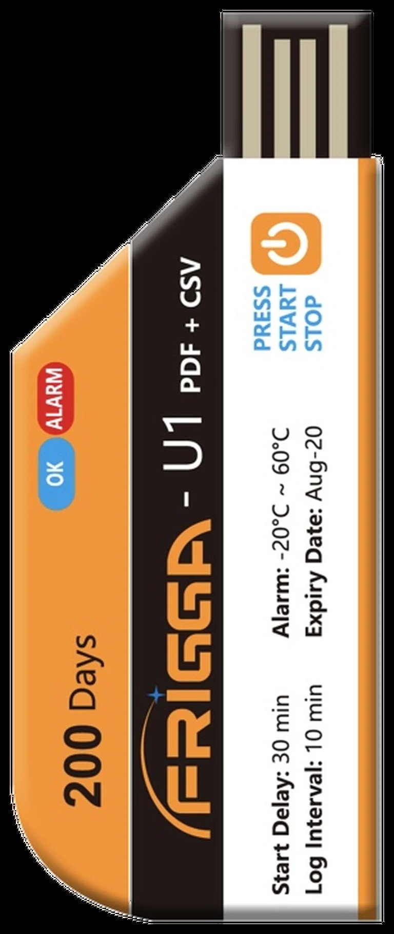 Orange and black FREGA U1 USB flash drive with 200 days warranty, featuring Press Start Stop button and alarm specifications