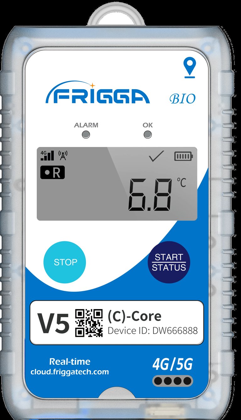 Frigga BIO digital temperature monitoring device displaying 5.8°C with 4G/5G connectivity and cloud access capability