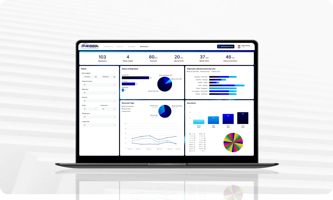 Laptop displaying analytics dashboard with blue pie charts, bar graphs, line charts, and colorful data visualizations